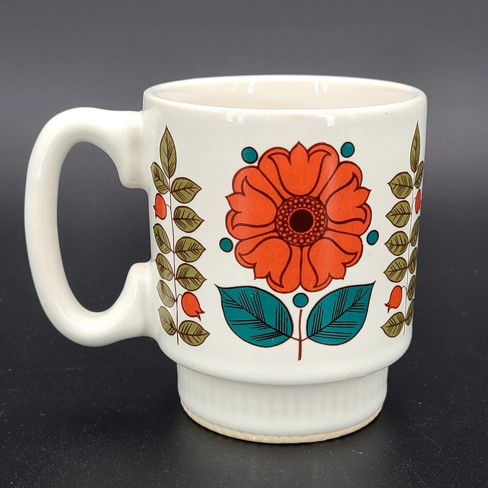 1970's Pfaltzgraff Orange Flower RARE 12 oz Ceramic Cup Hippie Mug Coffee PA